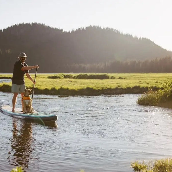 Man and dog SUP near Bend, Oregon.